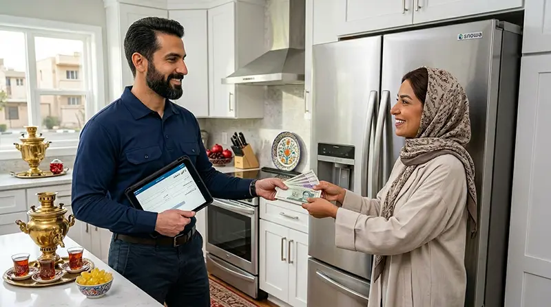 اعزام کارشناس خریدار یخچال دست دوم به منزل مشتری برای تست سلامت موتور و پرداخت نقدی مبلغ فروش یخچال دست دوم در تهران.