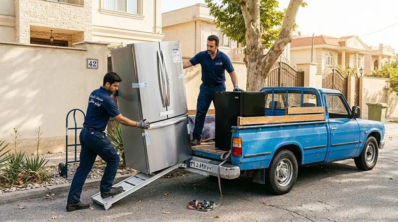 بارگیری و حمل رایگان انواع ساید بای ساید و یخچال کوچک دست دوم توسط تیم باربری سمساری یخچال دست دوم آفتاب.