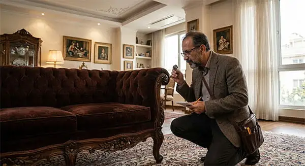 کارشناس سمساری نیاوران در حال بررسی مبلمان