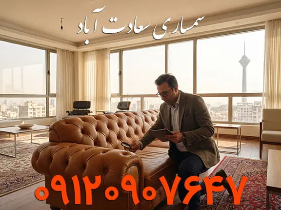 کارشناس سمساری در سعادت آباد در حال بررسی مبلمان لوکس در یک آپارتمان مدرن