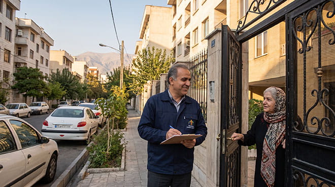 کارشناس سمساری سیار پشت در آپارتمان مشتری در محلهای در تهران با کلیپبورد در دست