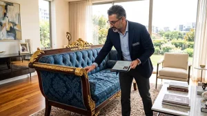 کارشناس سمساری تهران آفتاب در حال قیمت‌گذاری و کارشناسی برای خرید مبلمان دست دوم استیل و کلاسیک در منزل مشتری.
