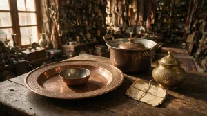 چیدمان ظروف مسی و برنجی در سمساری برای بررسی و قیمت ظروف مسی قدیمی