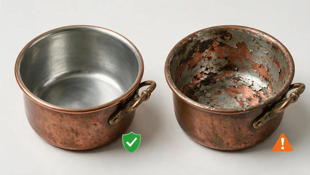 مقایسه قلع‌اندود سالم و پوسته‌شده برای کمک به قیمت ظروف مسی قدیمی در کارشناسی