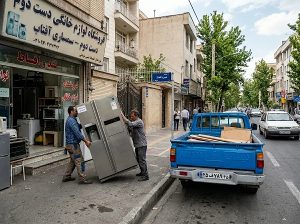 حمل یخچال ساید بای ساید توسط کارگران در سمساری میرداماد