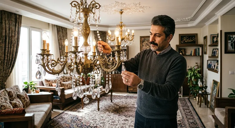 بهترین خریدار لوستر در تهران - کارشناس سمساری آفتاب در حال بررسی لوستر برنجی در محل
