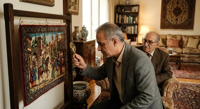 کارشناس سمساری آفتاب در حال بررسی تابلو فرش دستباف