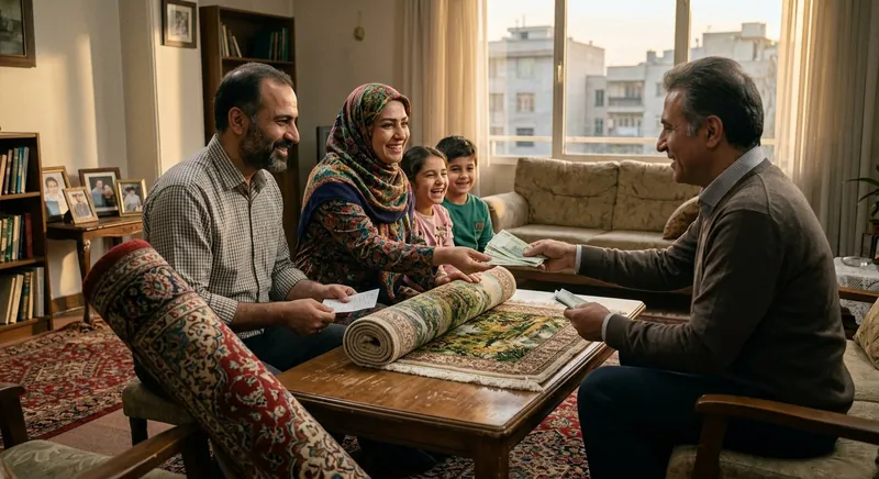 خریدار تابلو فرش در تهران در حال پرداخت نقدی به مشتری