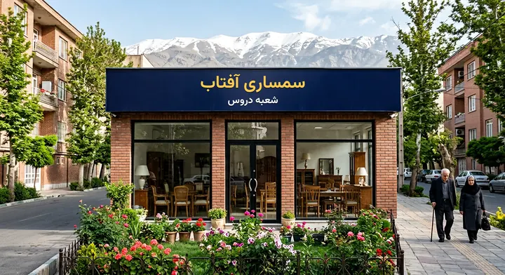 ویترین مغازه سمساری در دروس با باغچه گل و تابلوی شعبه دروس