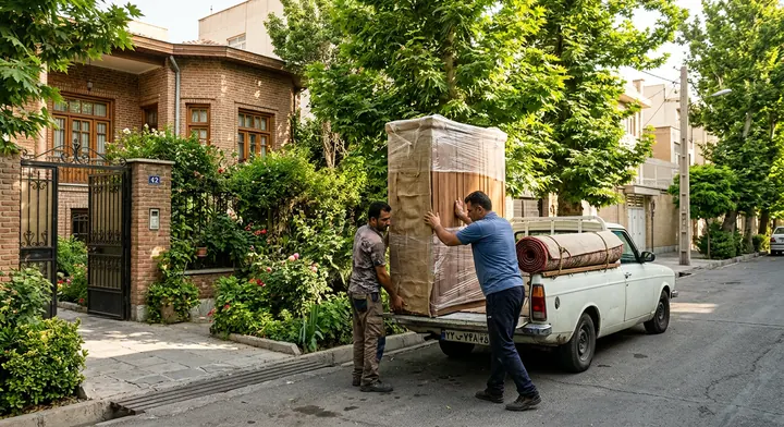 بارگیری کمد و فرش توسط کارگران سمساری در دروس مقابل خانه ویلایی