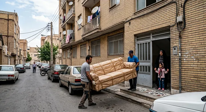 حمل مبل توسط کارگران سمساری در اختیاریه از آپارتمان مسکونی