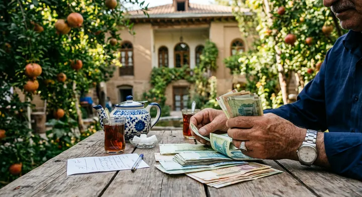 شمارش پول نقد سمساری در اوین روی میز باغ با سماور و رسید