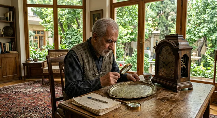 کارشناس سمساری در اوین در حال بررسی ساعت عتیقه با ذره بین