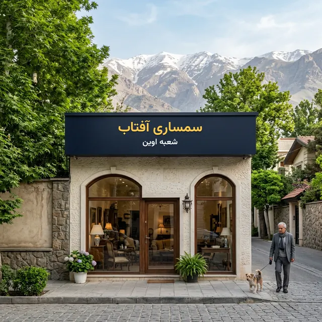 مغازه سمساری در اوین با ویترین چوبی و تابلوی شعبه اوین در کوچه باغ