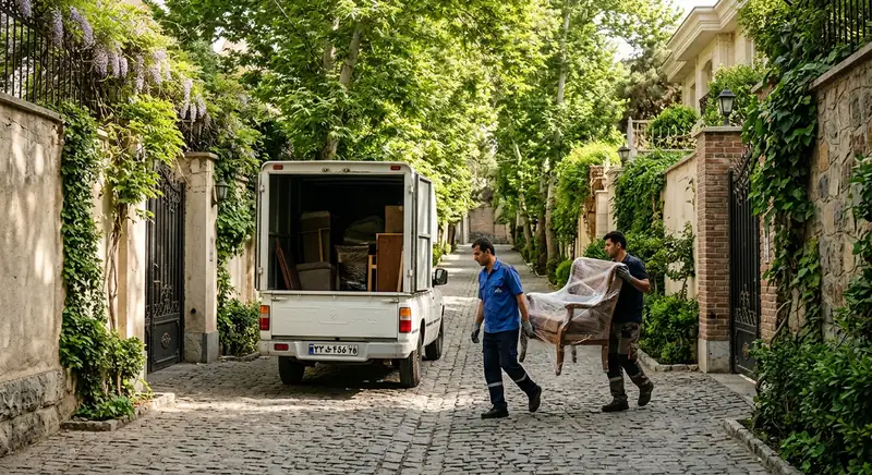 حمل مبلمان توسط سمساری در فرمانیه از کوچه باغ های نارنجستان