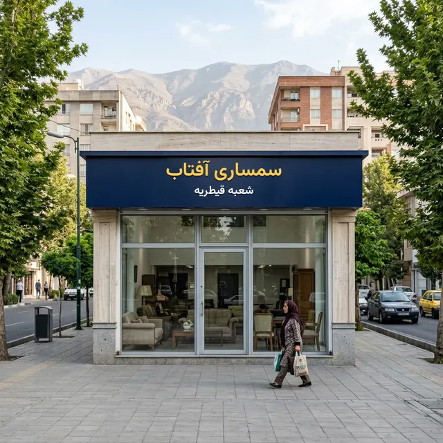 مغازه سمساری در قیطریه با ویترین مبلمان و تابلوی شعبه قیطریه در بلوار