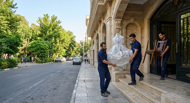 حمل لوستر و صندلی توسط کارگران سمساری در قیطریه از ساختمان لوکس