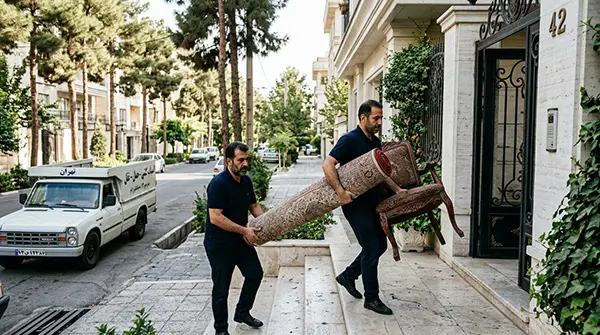 کارشناسان سمساری آفتاب در حال خروج مبلمان و فرش از ویلایی در شهرک غرب تهران