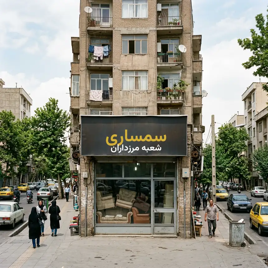 نمای مستقیم مغازه سمساری در مرزداران با تابلوی شعبه مرزداران