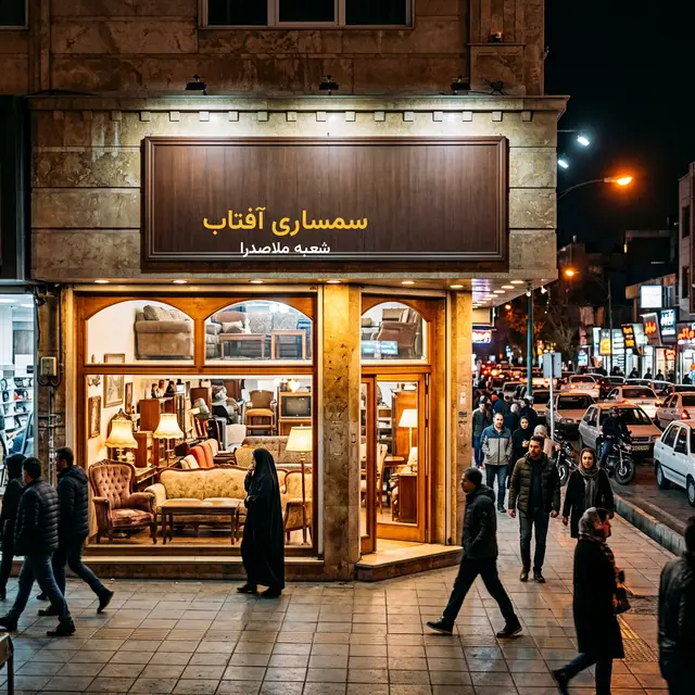 فروشگاه سمساری در ملاصدرا با تابلوی شعبه ملاصدرا در خیابان شبانه