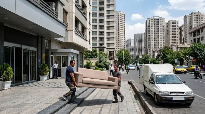 حمل مبل توسط کارگران سمساری در ملاصدرا از ورودی برج به وانت