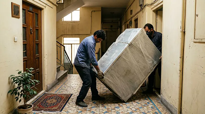 جمع‌آوری یخچال دست دوم در یک آپارتمان ایرانی؛ تصویر واقعی برای توضیح اینکه سمساری آنلاین چگونه خدمات انجام می‌ دهد