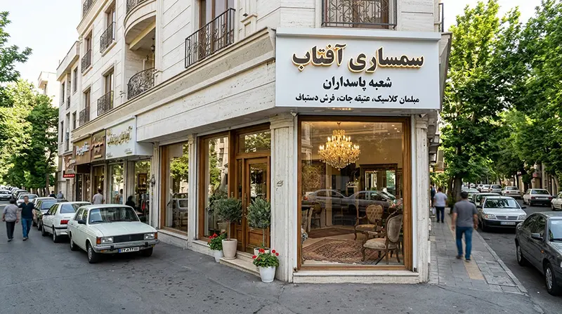 نمای بیرونی مغازه سمساری آفتاب شعبه خیابان پاسداران تهران خریدار لوازم آنتیک
