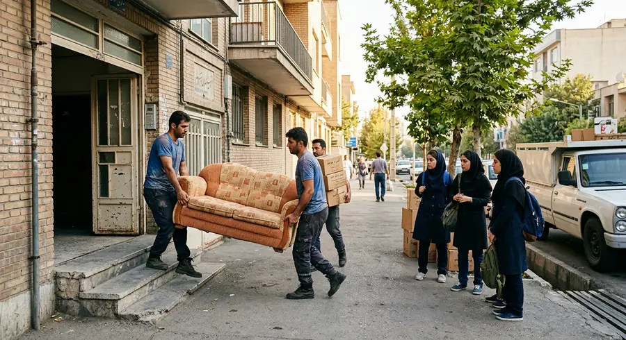 حمل مبلمان توسط سمساری در ولنجک از درب ساختمان دانشجویی