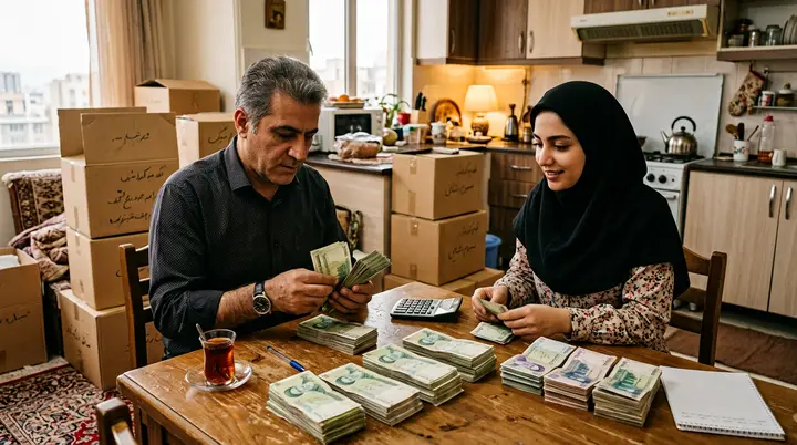 شمارش پول نقد خریدار سمساری در ظفر سر میز آشپزخانه