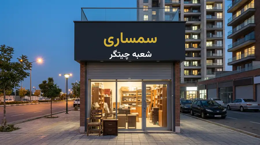 مغازه سمساری در چیتگر با تابلوی شعبه چیتگر زیر برج نوساز در غروب