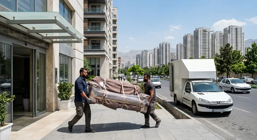 حمل مبل توسط کارگران سمساری در چیتگر از لابی برج به وانت