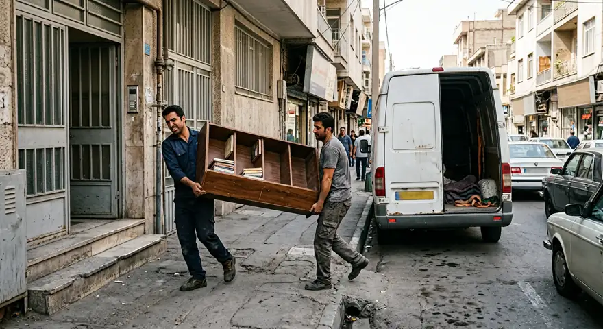 حمل قفسه کتاب توسط کارگران سمساری در انقلاب از ساختمان به وانت