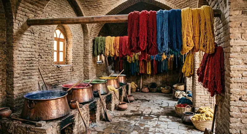 رنگرزی سنتی نخ فرش دستباف در کارگاه ایرانی