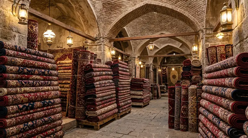 فرش دستباف لوله شده در انبار خریدار فرش تهران