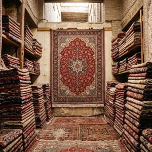 فرش دستباف ایرانی چیده شده در مغازه بازار بزرگ تهران