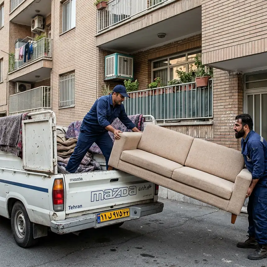 بار زدن مبل توسط کارگران سمساری در پیروزی به وانت در برابر آپارتمان