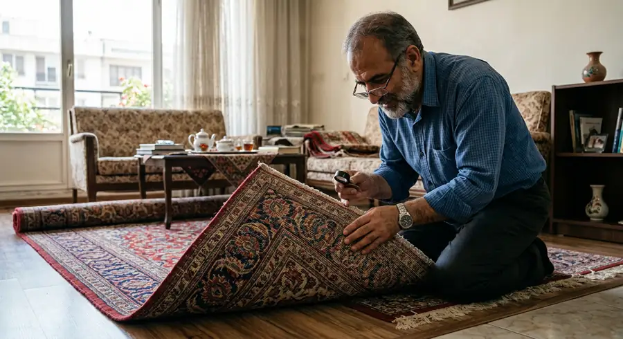 کارشناس سمساری در شهرآرا در حال بررسی پشت فرش دستباف