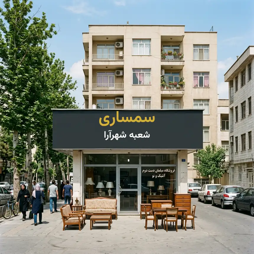 مغازه سمساری در شهرآرا با تابلوی شعبه شهرآرا زیر آپارتمان مسکونی