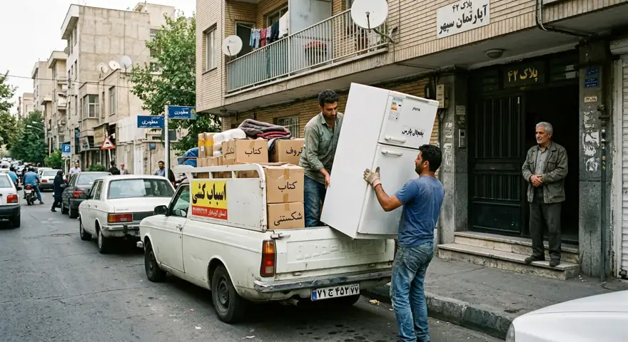 بارگیری یخچال در وانت توسط کارگران سمساری در شهرآرا جلوی ساختمان