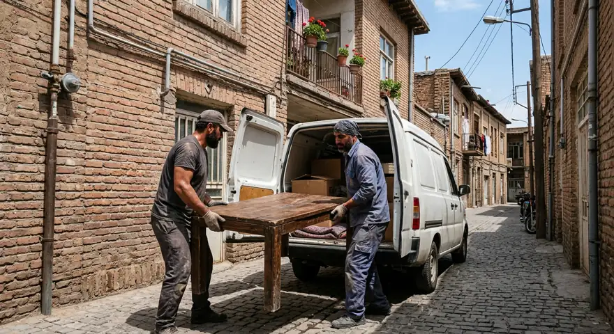حمل میز ناهارخوری توسط کارگران سمساری در شوش از کوچه باریک به وانت