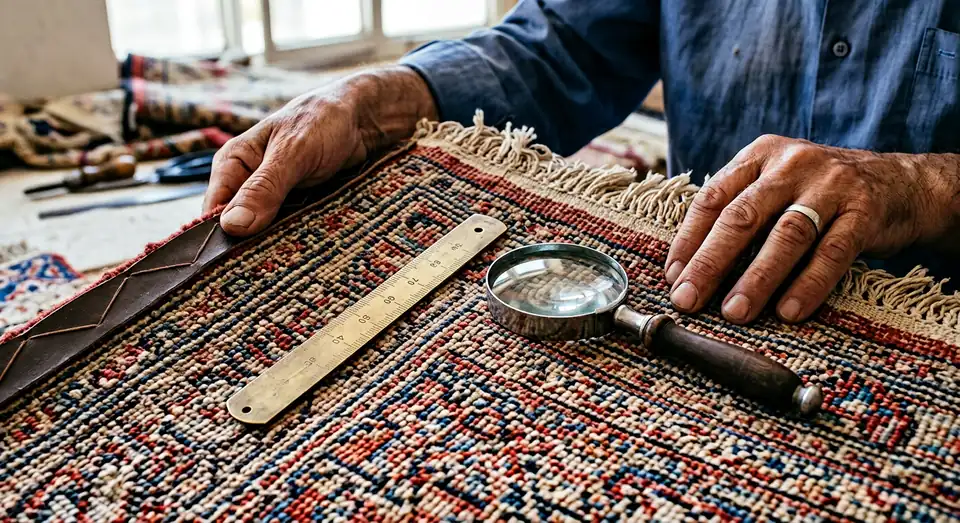 رج شمار و ذره بین روی پشت فرش دستباف تبریز برای تشخیص اصالت