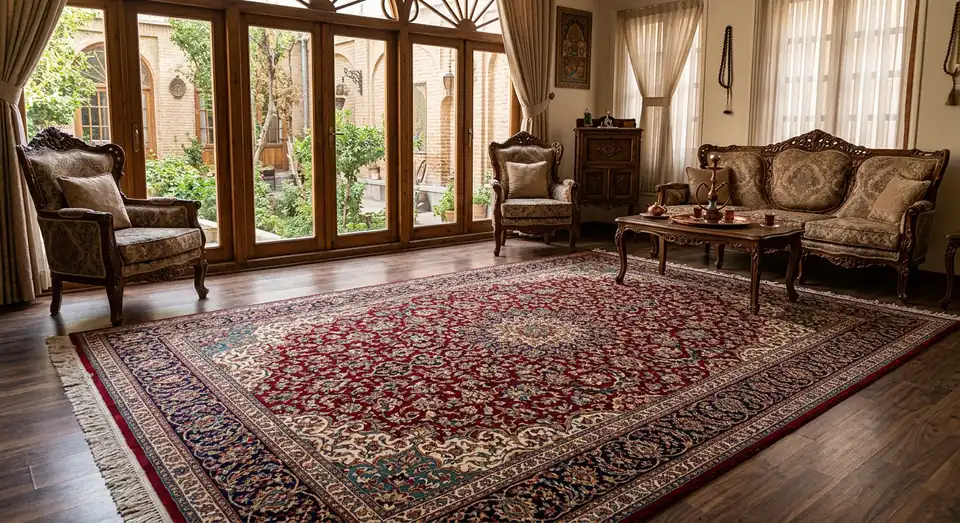 فرش دستباف تبریز طرح سالاری با نقشه شلوغ در خانه تهرانی