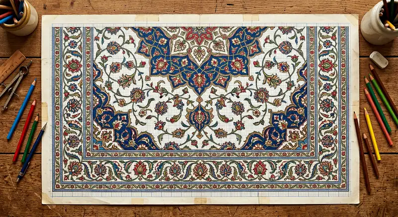 نقشه فرش دستباف روی کاغذ شطرنجی با مداد رنگی