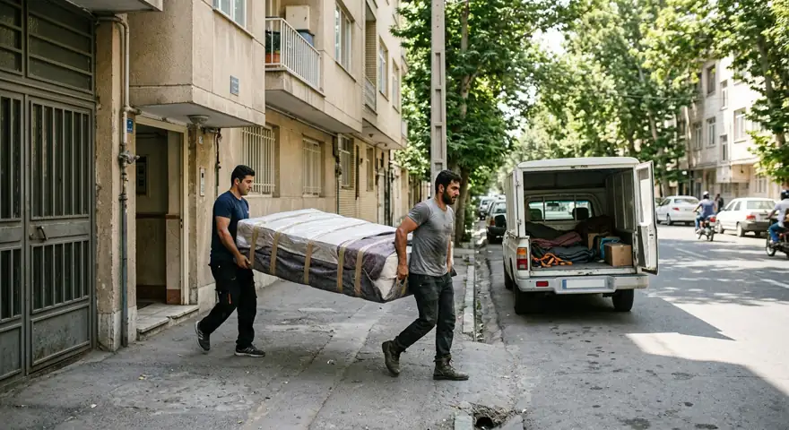 حمل تشک توسط کارگران سمساری در ولیعصر از آپارتمان به وانت